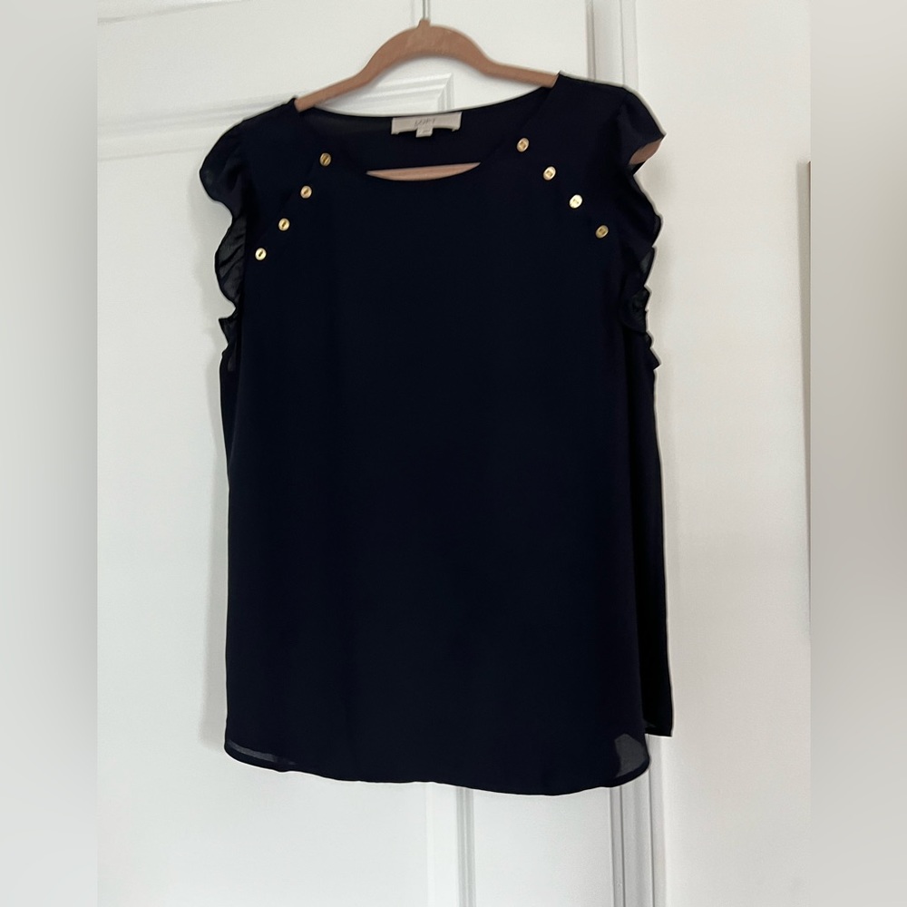 Ann Taylor LOFT Plus Blouse Size L Blue Sheer Career Top Gold Button Ruffle